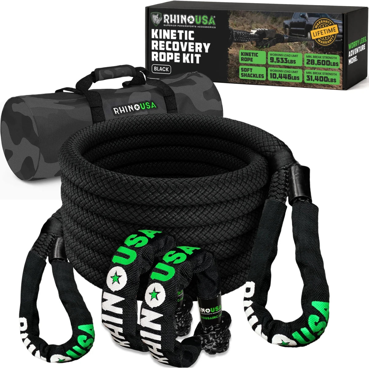 Rhino USA - Rhino USA 7/8In X 30Ft Kinetic Rope Recovery Kit w/Soft Shackles