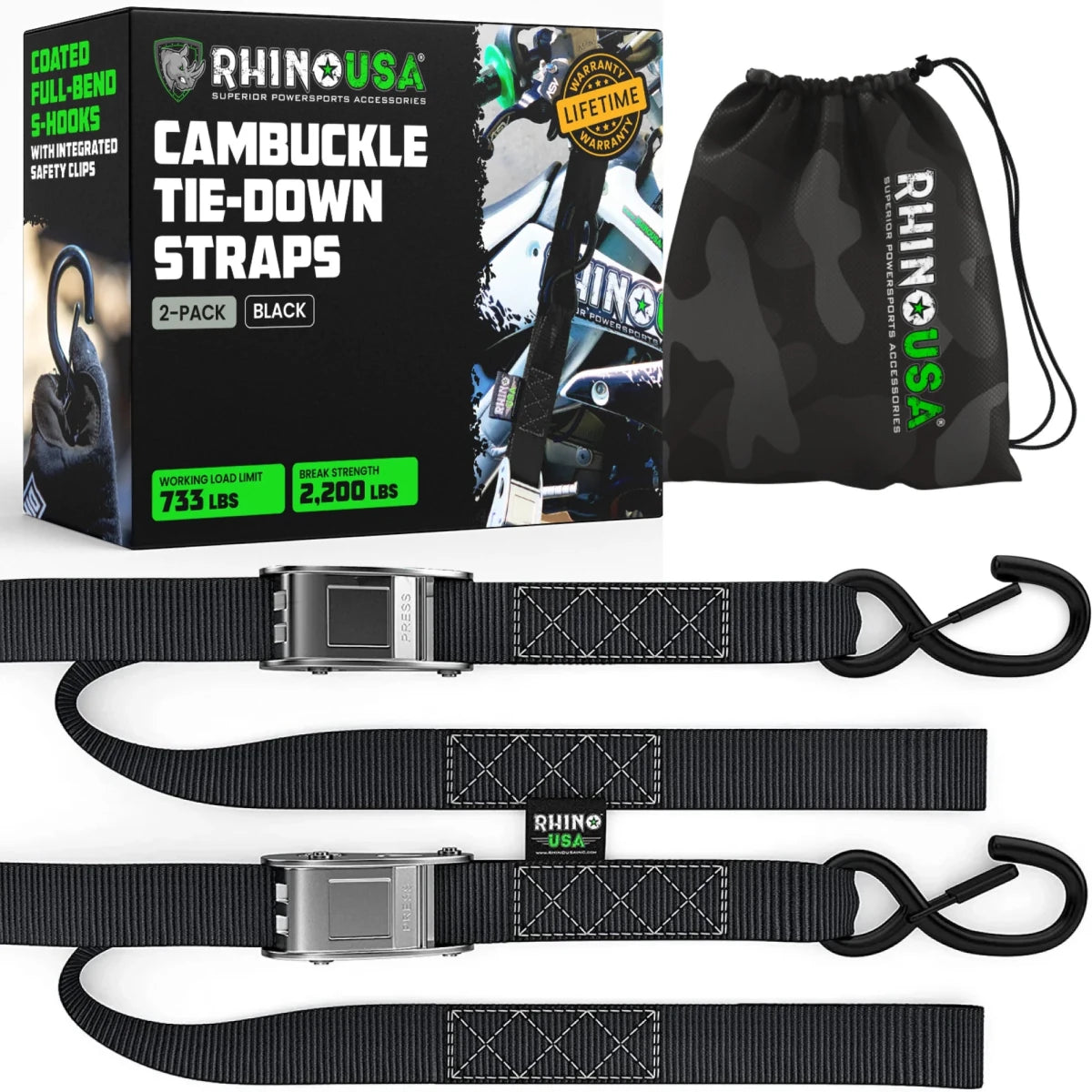 Rhino USA - Rhino USA Cambuckle Motorcycle Tiedown Straps 2 - Pack 1.5In X 8Ft