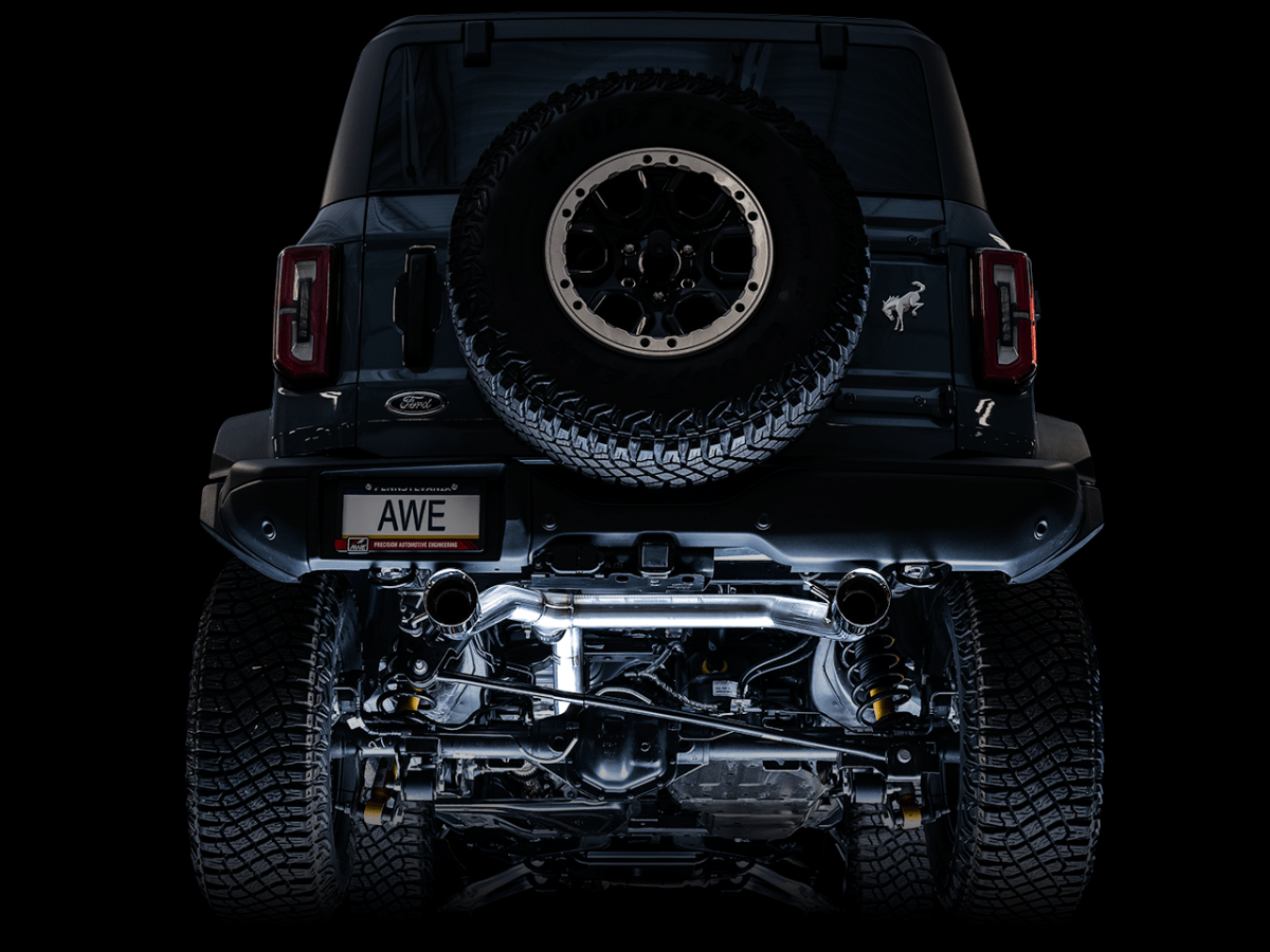 AWE Tuning - AWE Tuning 2021+ Ford Bronco 0FG Dual Rear Exit Exhaust w/Chrome Silver Tips & Bash Guard - Panda Motorworks