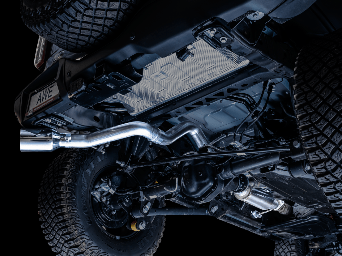 AWE Tuning - AWE Tuning 2021+ Ford Bronco 0FG Single Rear Exit Exhaust w/Chrome Silver Tip & Bash Guard - Panda Motorworks