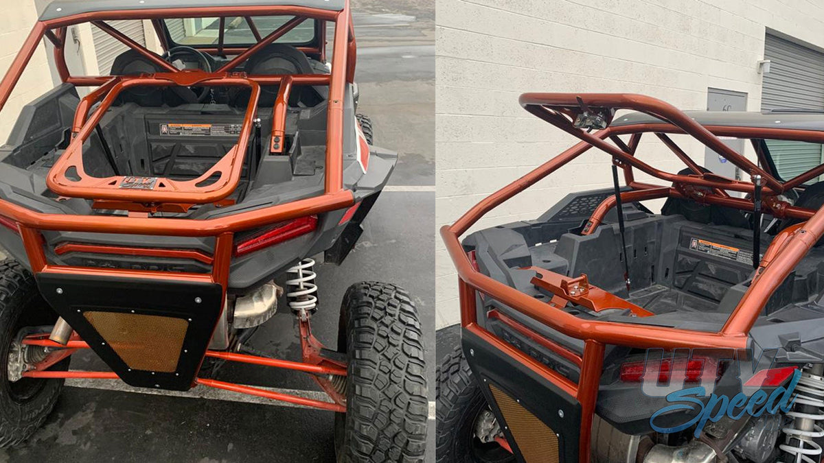 Opening Spare Tire Mount with shocks for the Polaris RZR 1000 by UTV Speed