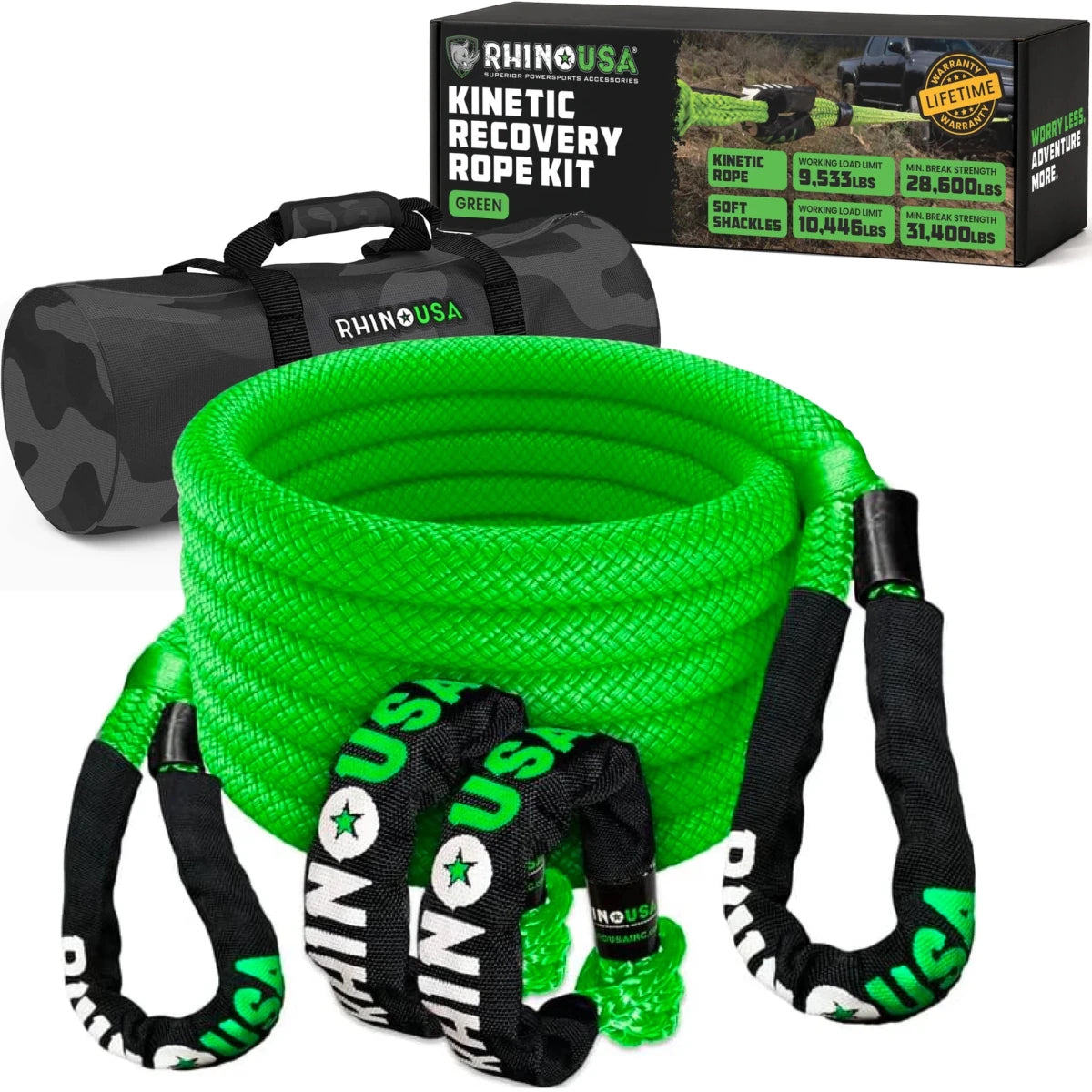 Rhino USA - Rhino USA 7/8In X 30Ft Kinetic Rope Recovery Kit w/Soft Shackles