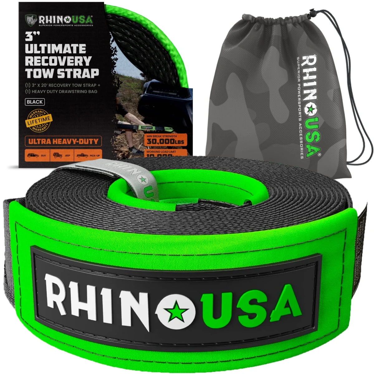 Rhino USA - Rhino USA Ultimate Recovery Tow Strap 3In X 20Ft