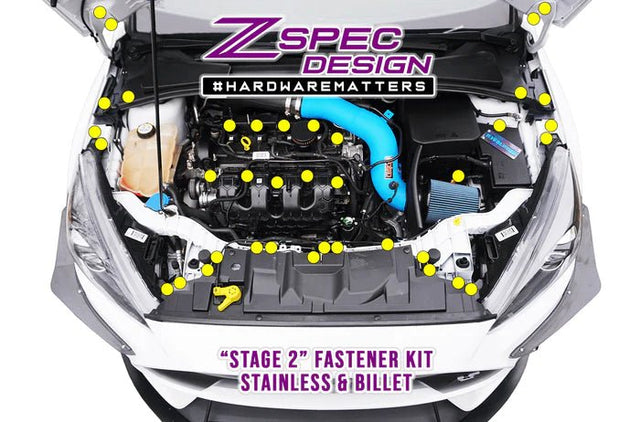 ZSPEC DESIGN - ZSPEC "STAGE 2" DRESS UP BOLTS® FASTENER KIT FOR FORD FOCUS RS & ST, STAINLESS & BILLET - Panda Motorworks