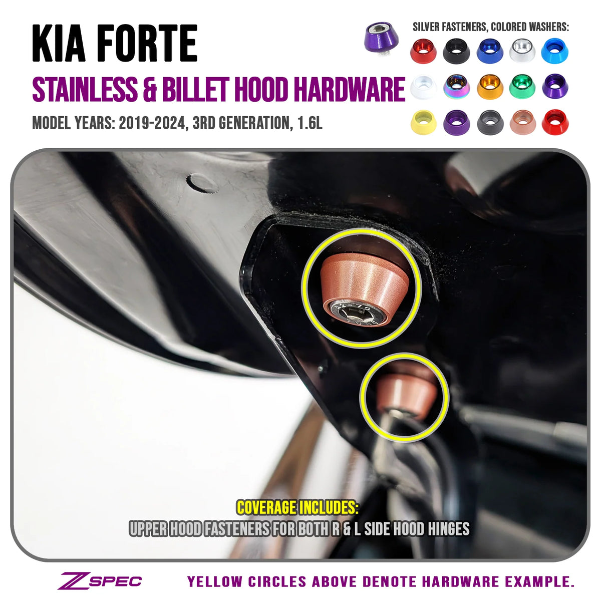 ZSPEC Hood Fastener Kit for 2020-24 Kia Forte BD 1.6L, Stainless & Billet