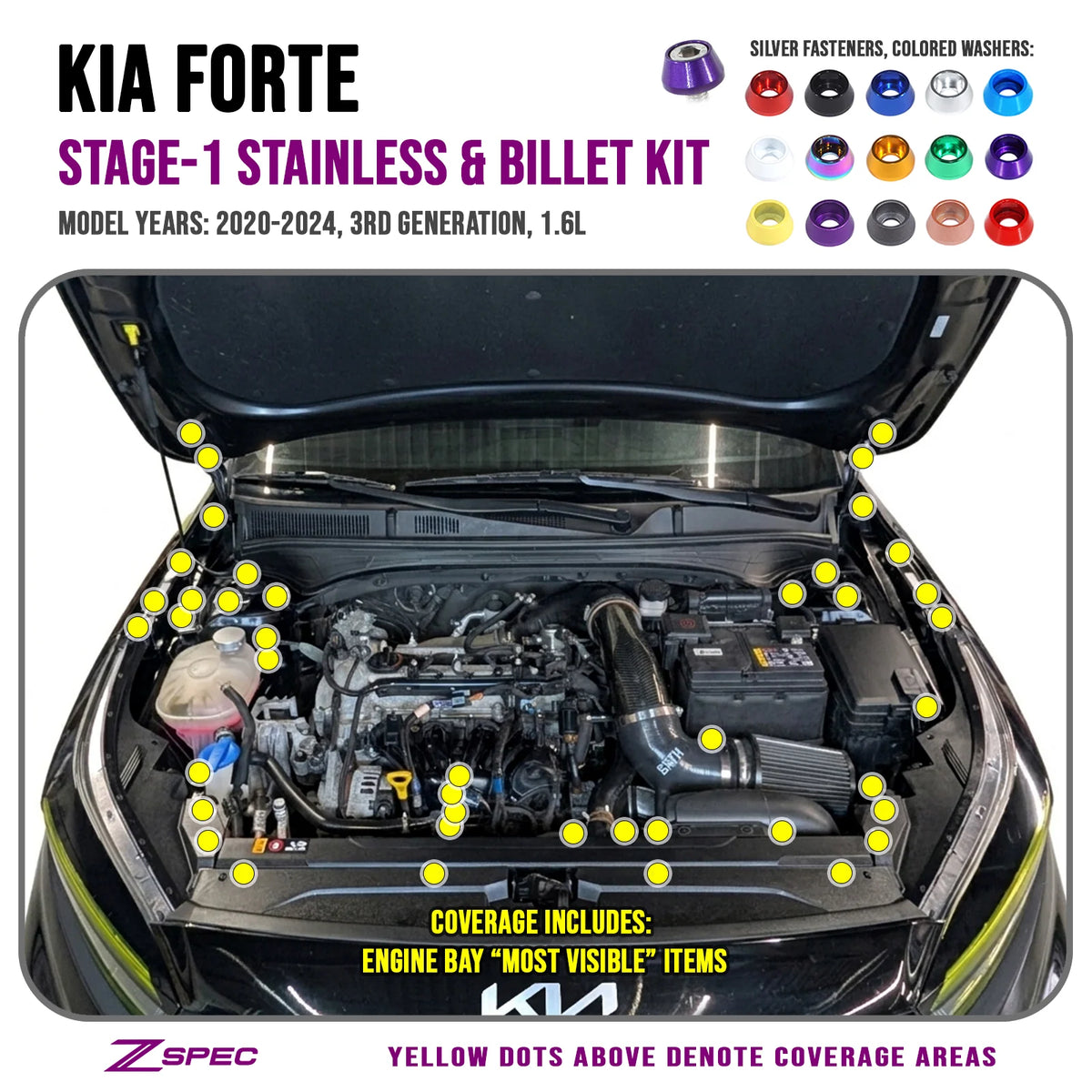 ZSPEC Stage-1 Fastener Kit for 2020-24 Kia Forte BD 1.6L, Stainless & Billet