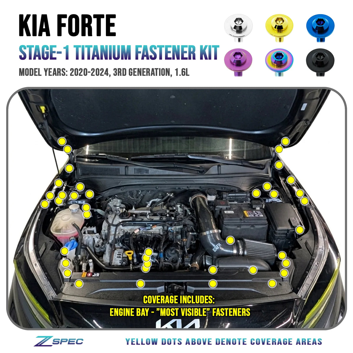 ZSPEC Stage-1 Fastener Kit for 2020-24 Kia Forte BD 1.6L, Titanium