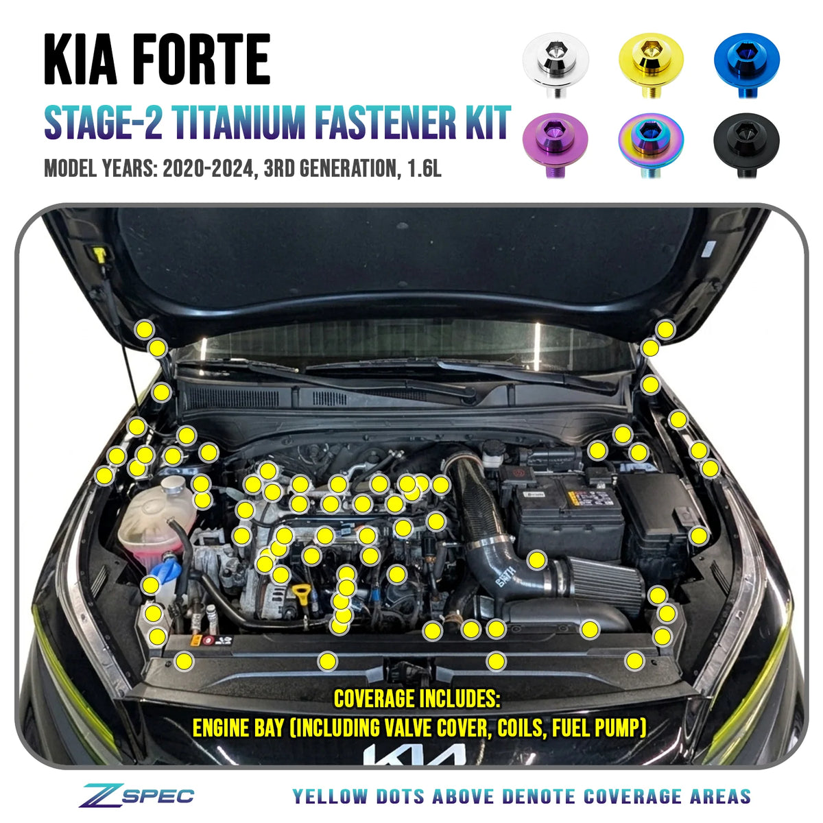 ZSPEC Stage-2 Fastener Kit for 2020-24 Kia Forte BD 1.6L, Titanium