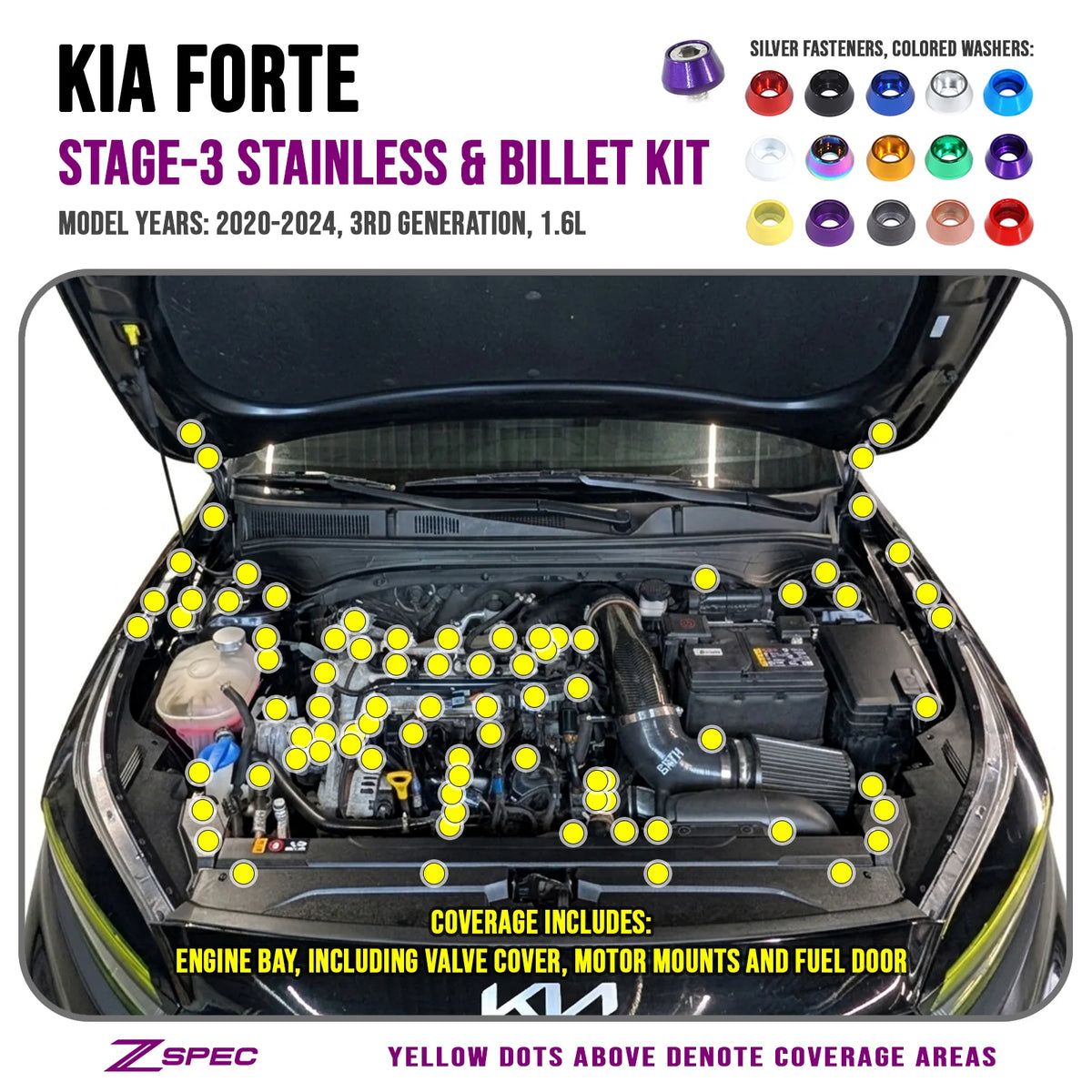 ZSPEC Stage-3 Fastener Kit for 2020-24 Kia Forte BD 1.6L, Stainless & Billet