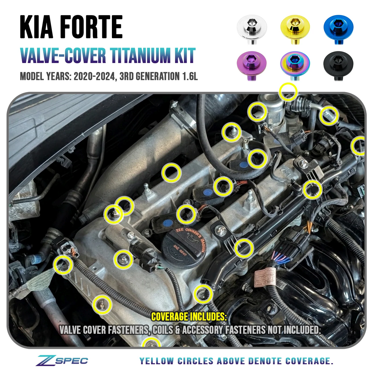 ZSPEC Titanium Valve Cover Fastener Kit for 2020-24 Kia Forte BD 1.6L