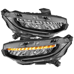 ANZO - ANZO 16 - 17 Honda Civic Projector Headlights Plank Style Black w/Amber/Sequential Turn Signal