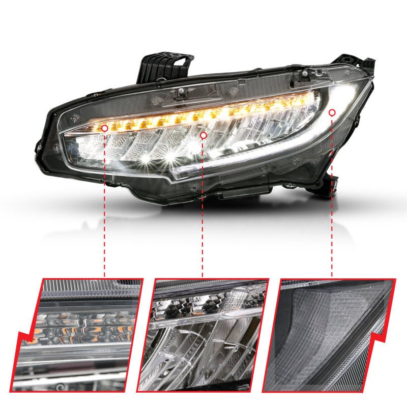 ANZO - ANZO 16 - 17 Honda Civic Projector Headlights Plank Style Black w/Amber/Sequential Turn Signal