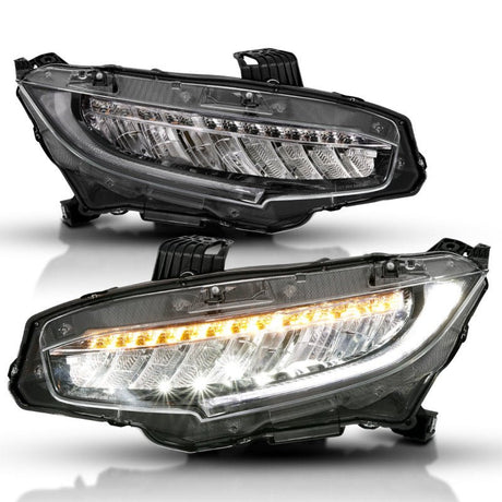 ANZO - ANZO 16 - 17 Honda Civic Projector Headlights Plank Style Black w/Amber/Sequential Turn Signal