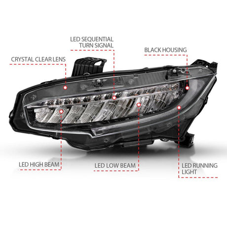 ANZO - ANZO 16 - 17 Honda Civic Projector Headlights Plank Style Black w/Amber/Sequential Turn Signal