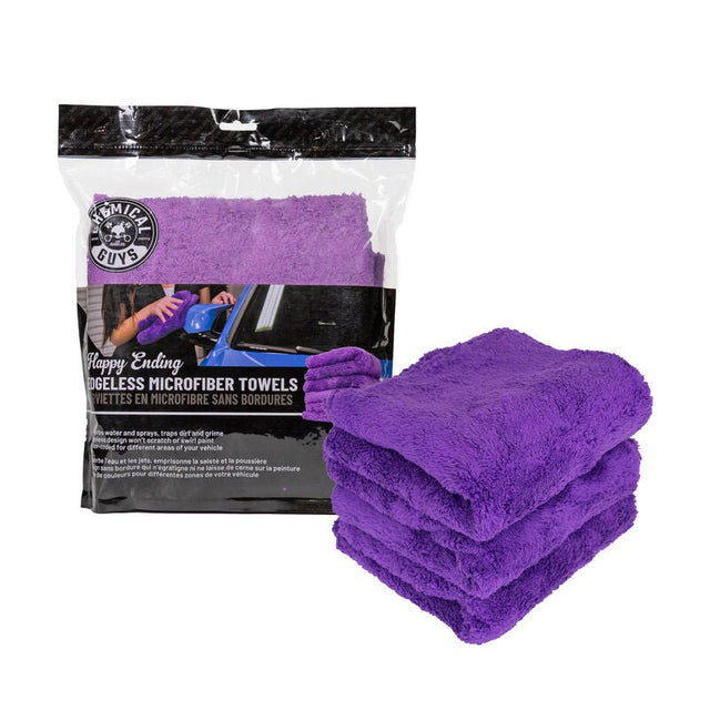 Chemical Guys - Chemical Guys Happy Ending Ultra Edgeless Microfiber Towel - 16in x 16in - Purple - 3 Pack - Panda Motorworks