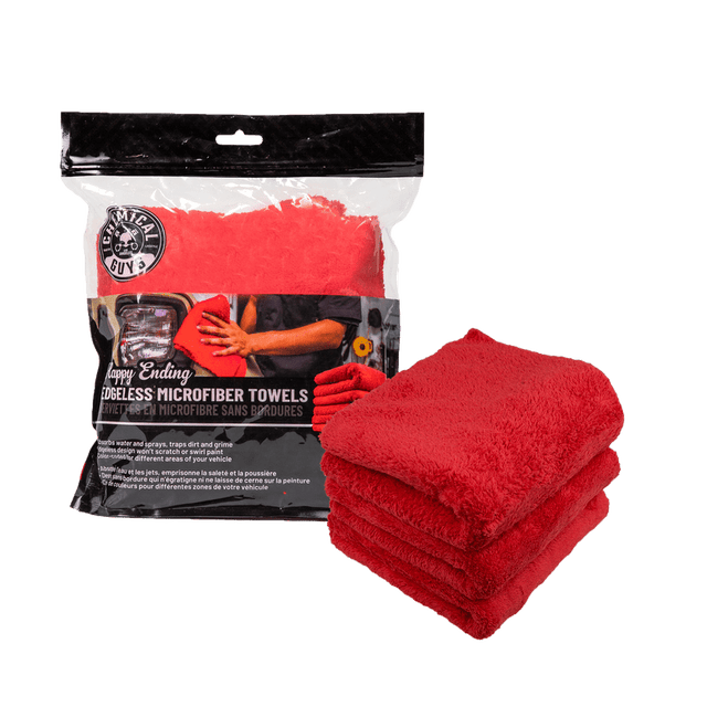 Chemical Guys - Chemical Guys Happy Ending Ultra Edgeless Microfiber Towel - 16in x 16in - Red - 3 Pack - Panda Motorworks