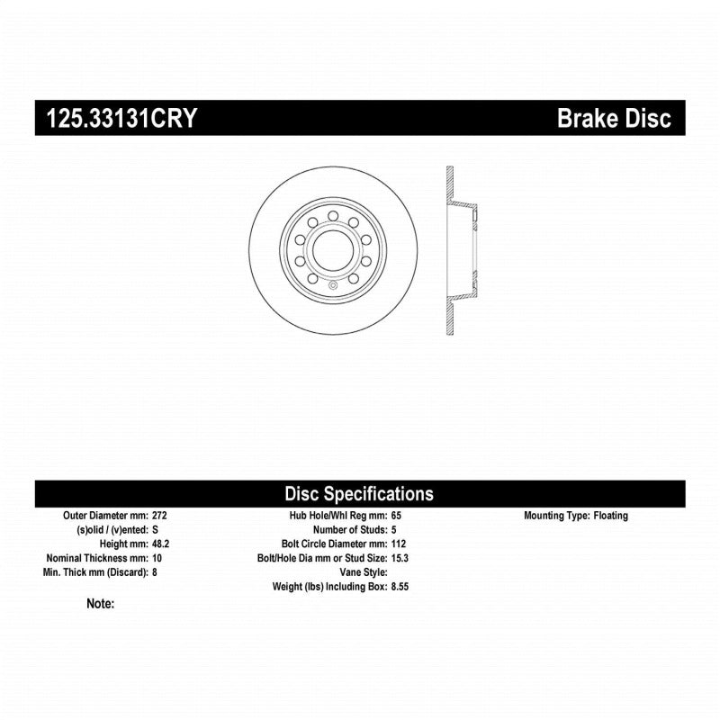 Stoptech - Stoptech 10 - 13 VW Golf/GTI/Jetta w/ 272mm Rear Disc Rear Premium High Carbon Cryo Brake Rotor - Panda Motorworks